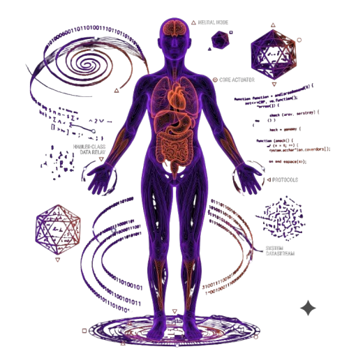 由紫色与橙色数字解剖结构组成的全息人体
